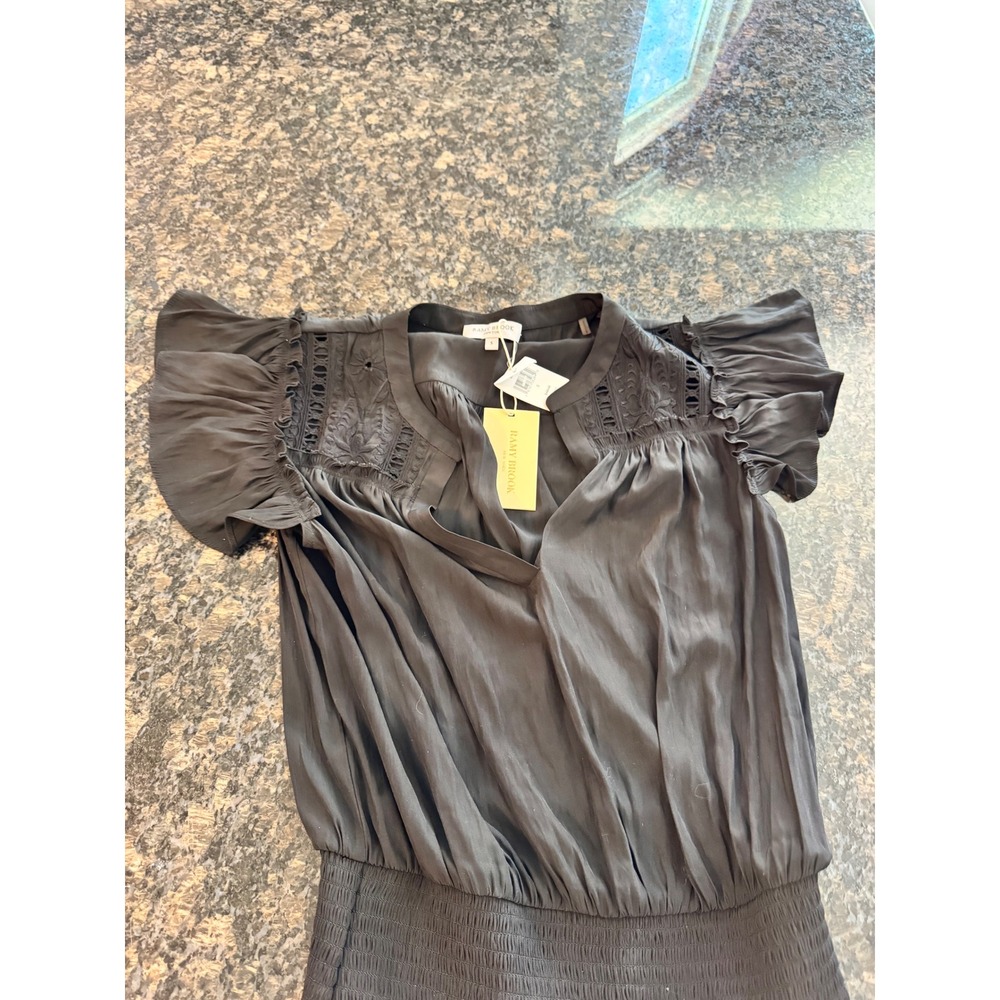Ramy Brook Marbelis Dress Black Smocked Waist Flutter Sleeve Mini R11243003 S - Picture 6 of 11